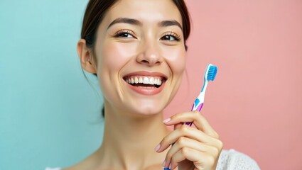 Interdental Brush. Smiling woman holding blue toothbrush personal care