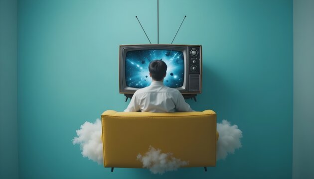 Man watching space on vintage television sitting on a cloud couch against a teal colored wall scene - Powered by Adobe