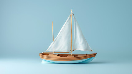 A miniature wooden sailboat with white sails set against a soft blue background