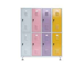 Colorful metal lockers in pastel and bright hues on transparent background, PNG