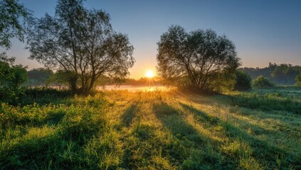 Fototapeta premium Sunrise over a misty field
