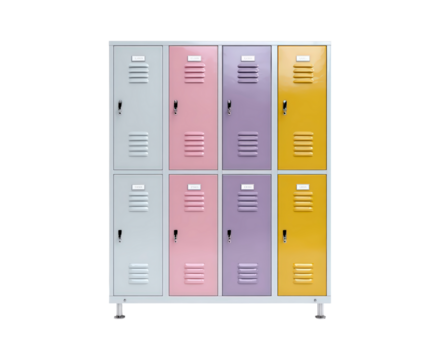 Colorful metal lockers in pastel and bright hues on transparent background, PNG