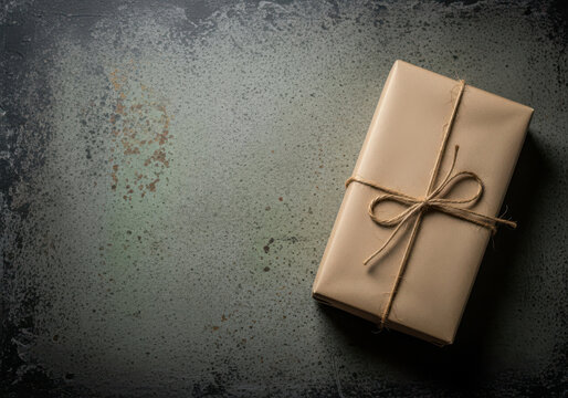 Simple brown paper wrapped gift tied with twine on a textured dark background