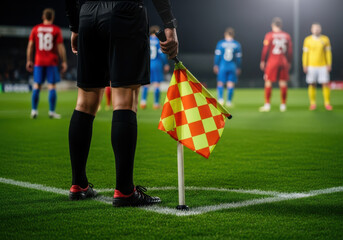 Fototapeta premium Assistant referee holds flag on soccer field during match with players in background