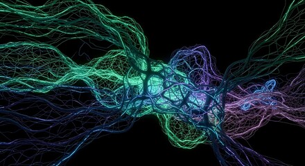 Abstract bioluminescent network of interconnected glowing neural pathways on a black background