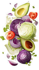 Colorful mix of fresh, sliced vegetables.  Avocado, red onion, red tomato, and purple cabbage