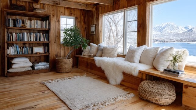 Cozy Reading Nook in Rustic Wooden Cabin with Mountain View