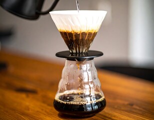 Pour-over coffee brewing process; water streams into filter, filling a clear glass carafe