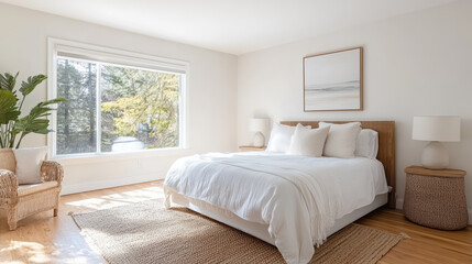 Bright bedroom with large window, natural light, and minimalist decor creates serene atmosphere