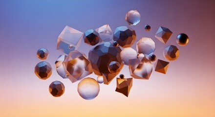 A collection of geometric shapes including spheres cubes and faceted polyhedra floating against a gradient background