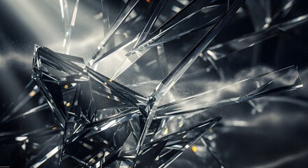 Abstract arrangement of sharp angular transparent crystal shards with light particles