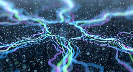 Glowing neon energy streams flowing in a dark cosmic expanse with floating particles