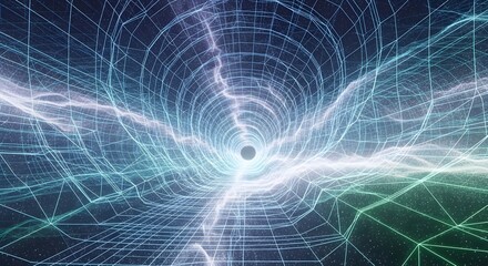 Abstract digital wormhole with glowing grid lines and light streaks network