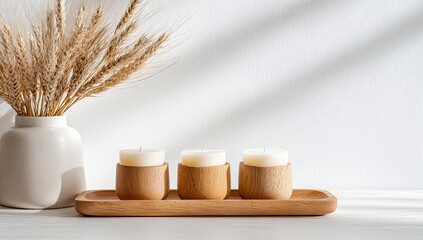 Three cream-colored candles in light wood holders sit on a wooden tray, next to a vase of dried wheat stalks against a bright white wall with sunlit shadows