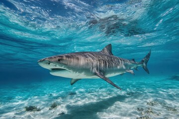 Fototapeta premium Majestic shark swimming elegantly through clear ocean waters, capturing the essence of marine wildlife and the tranquility of underwater adventure