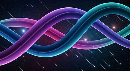 Abstract intertwined ribbons in purple and teal against a starry night sky with meteors