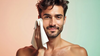Exfoliating Washcloth. Handsome man cleansing face with towel skincare