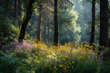 Sunlight streams through branches, illuminating colorful blossoms in a serene forest landscape, perfect for nature lovers and outdoor enthusiasts seeking peaceful imagery