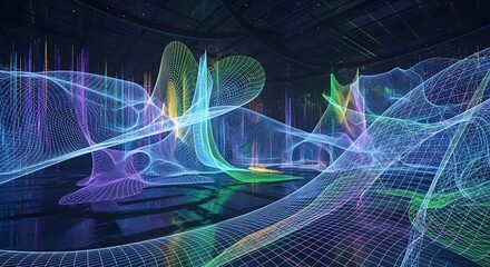 Abstract digital mesh landscape with colorful light streaks and reflective surface