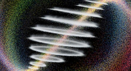 Swirling vortex of white light and multicolored particles on black background