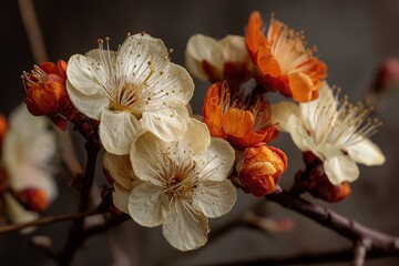Creamy blossoms featuring vivid orange buds on a dramatic backdrop, highlighting the allure of flora for nature lovers and botanical art creators