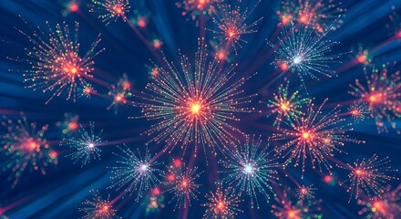 Abstract explosion of glowing multicolored particles against a dark blue background