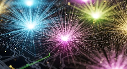 Abstract network of glowing light particles and circuitry on dark background