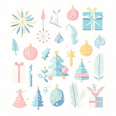 Isolated flat lay composition of stylized holiday decor objects arranged in a modern vector style with clean lines