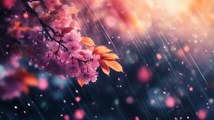 Spring cherry blossoms in rain wallpaper background aesthetic nature flower art illustration 4k hd