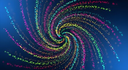Colorful swirling particles against a dark blue background abstract vortex