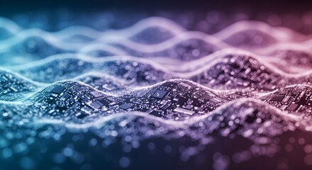 Abstract digital landscape of glowing circuitry data flow and electronic waves