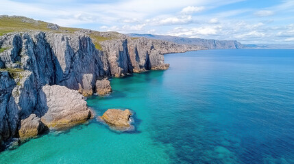 Obraz premium Stunning cliffs rise majestically beside tranquil turquoise sea, showcasing nature beauty