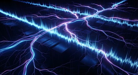 Abstract digital network with glowing blue and purple electrical energy lines