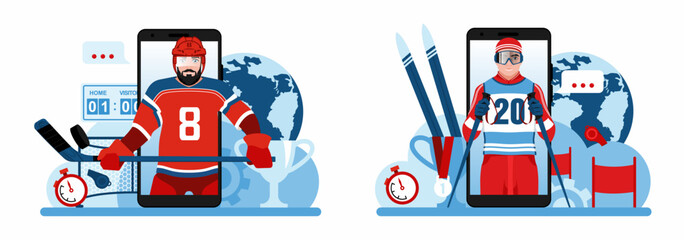 Winter sports. Hockey. Ski. Online streaming of winter sports from a smartphone screen. Flat vector illustration