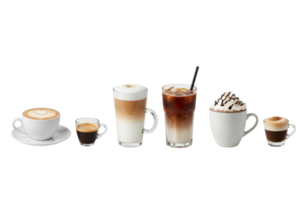 Various coffee drinks isolated on transparent background