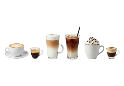 Various coffee drinks isolated on transparent background