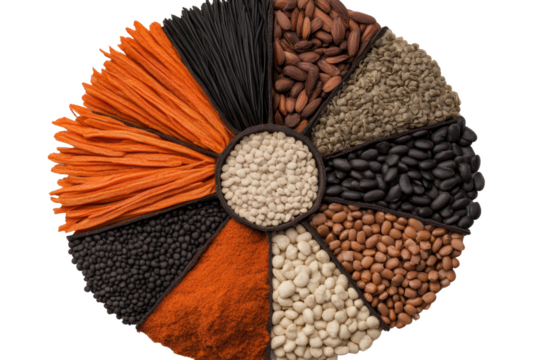 Vibrant Assortment of Colorful Raw Food Grains and Pulses in a Circular Arrangement