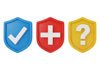 Obraz premium Three shields with check mark, plus sign, and question mark isolated on transparent background