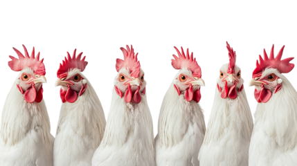 Six identical white roosters with bright red combs standing together in group farm animal display isolated on white background