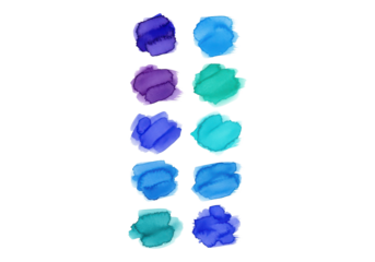 Collection of blue and purple watercolor paint strokes isolated on transparent background
