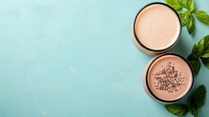 Creamy smoothies glass cups with mint leaves pastel blue background evoke freshness and health