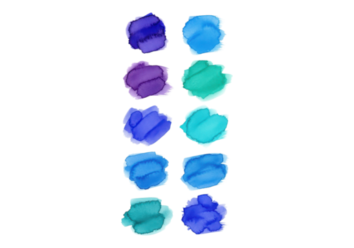 Collection of blue and purple watercolor paint strokes isolated on transparent background