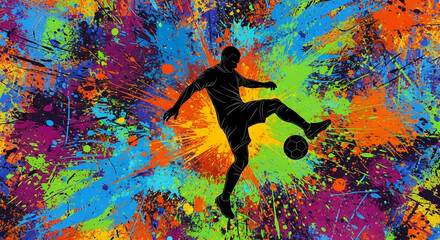 A dynamic silhouette of a soccer player controlling a ball against a vibrant, abstract background of colorful paint splatters.