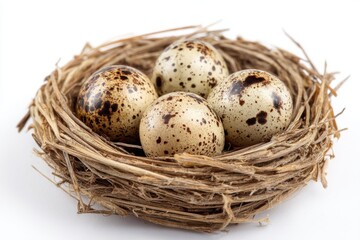 Obraz premium Four Speckled Eggs Nestled in Natural Straw Bird Nest