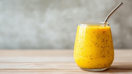 Yellow smoothie in glass with straw