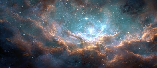 Fototapeta premium Celestial nebula with swirling orange and teal clouds, scattered stars, and a bright central core