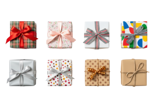 Collection of various gift boxes with ribbons isolated on transparent background