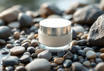 Cosmetic Cream Jar on Pebble Surface