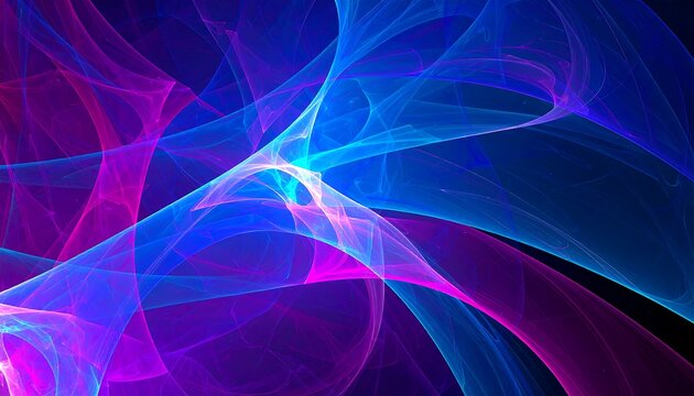 Abstract swirling neon blue and pink light patterns on black background