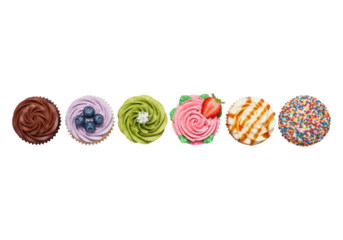 Assortment of six colorful cupcakes isolated on transparent background
